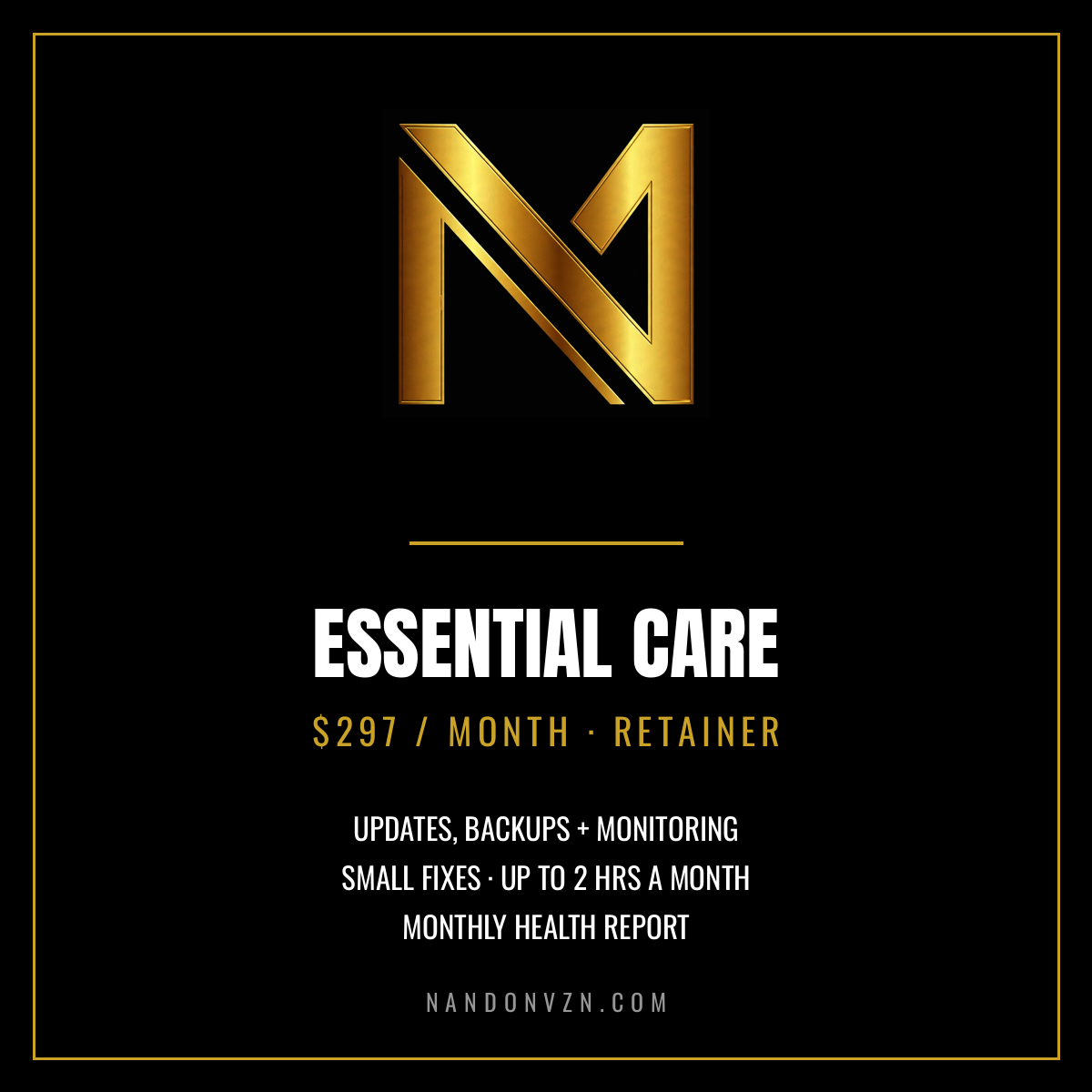 Essential Care retainer, $297 per month: updates, backups, monitoring, small fixes, monthly health report