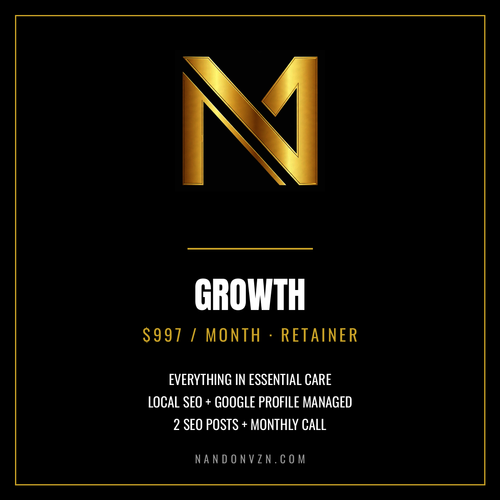 Growth retainer, $997 per month: local SEO, Google profile, 2 SEO posts, monthly call